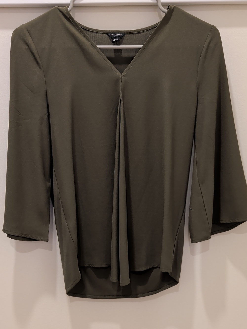 Ann Taylor Olive Green V-Neck Pleat Front Blouse